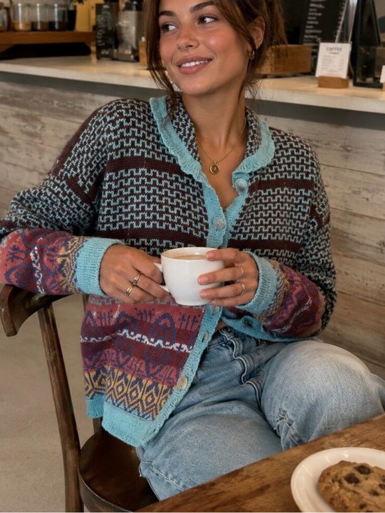 Vintage Sweaters - Vintage Boho Knit Cardigan Sweater Eclectic Large Colorful Teal Brown